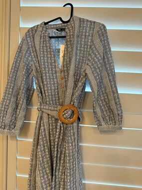 Zara Blue and White Patterned Belted Midi Dress